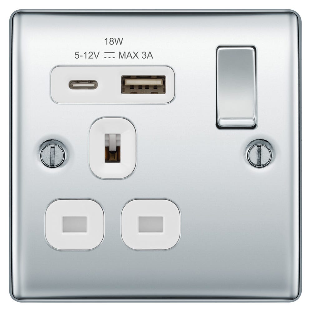 BG 13A 18W 1 Gang Switched Socket & USB-A+C Polished Chrome NPC21UAC18W-01