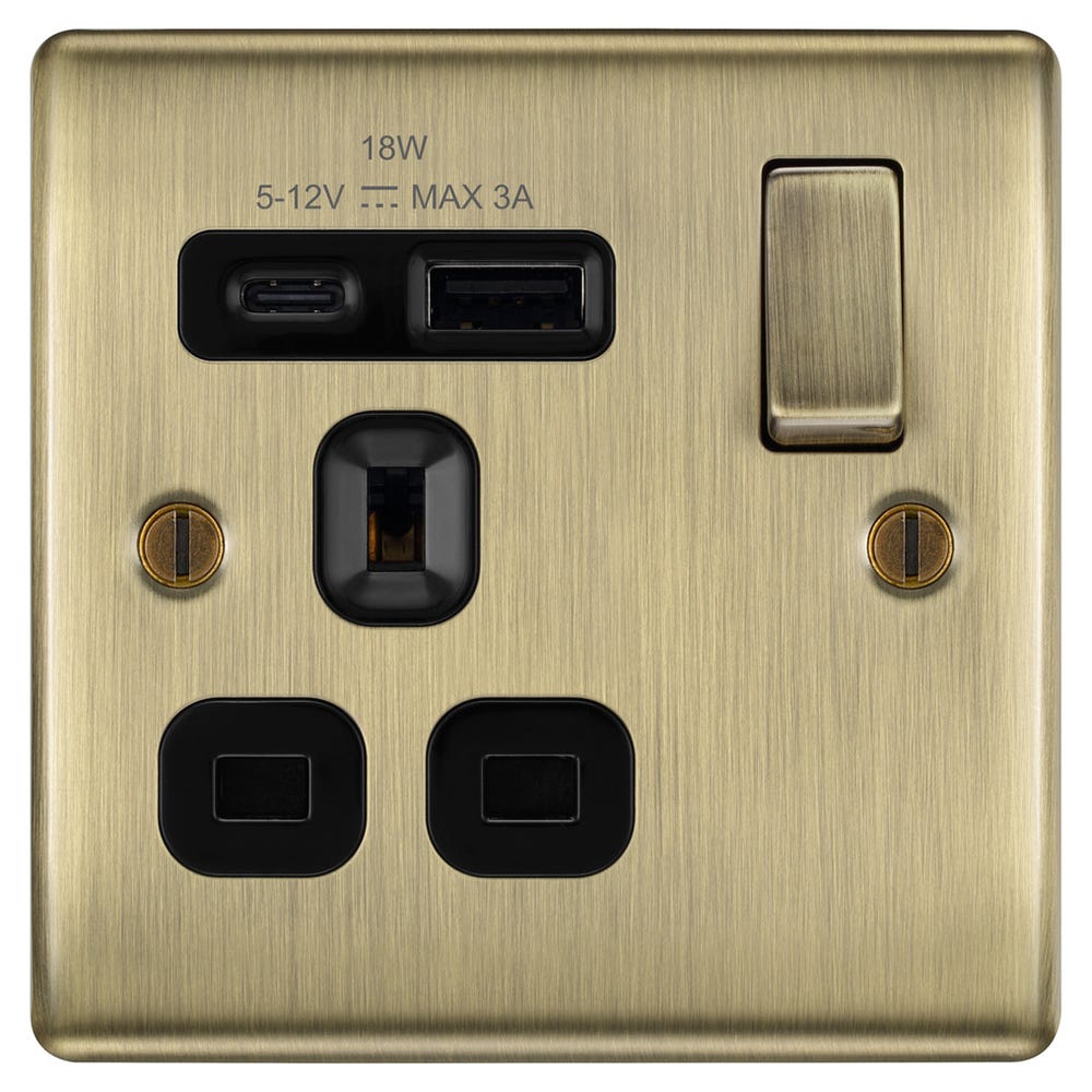 BG 13A 18W 1 Gang Switched Socket & USB-A+C Antique Brass NAB21UAC18B-01