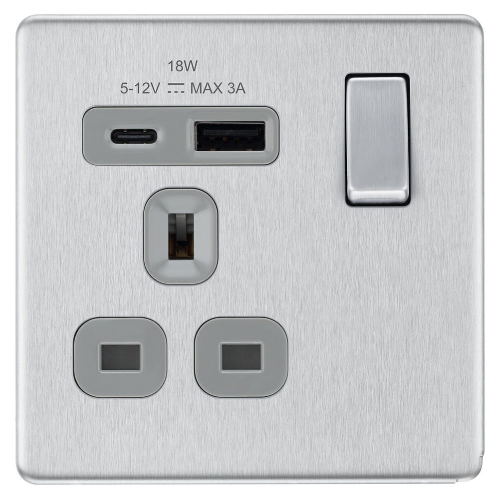  BG Screwless 13A 1 Gang 18W Switched Socket & USB-A+C Brushed Steel FBS21UAC18G-01