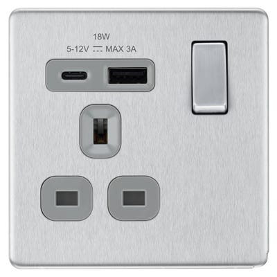 BG Screwless 13A 1 Gang 18W Switched Socket & USB-A+C Brushed Steel FBS21UAC18G-01