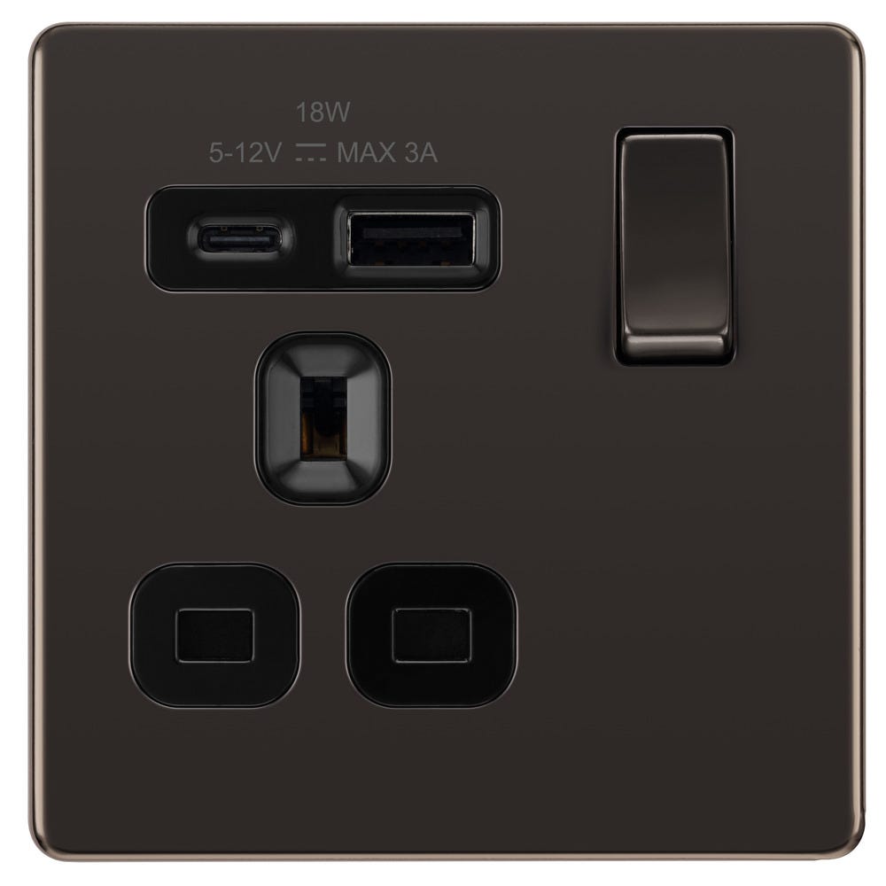 BG Screwless 13A 1 Gang 18W Switched Socket & USB-A+C Black Nickel FBN21UAC18B-01