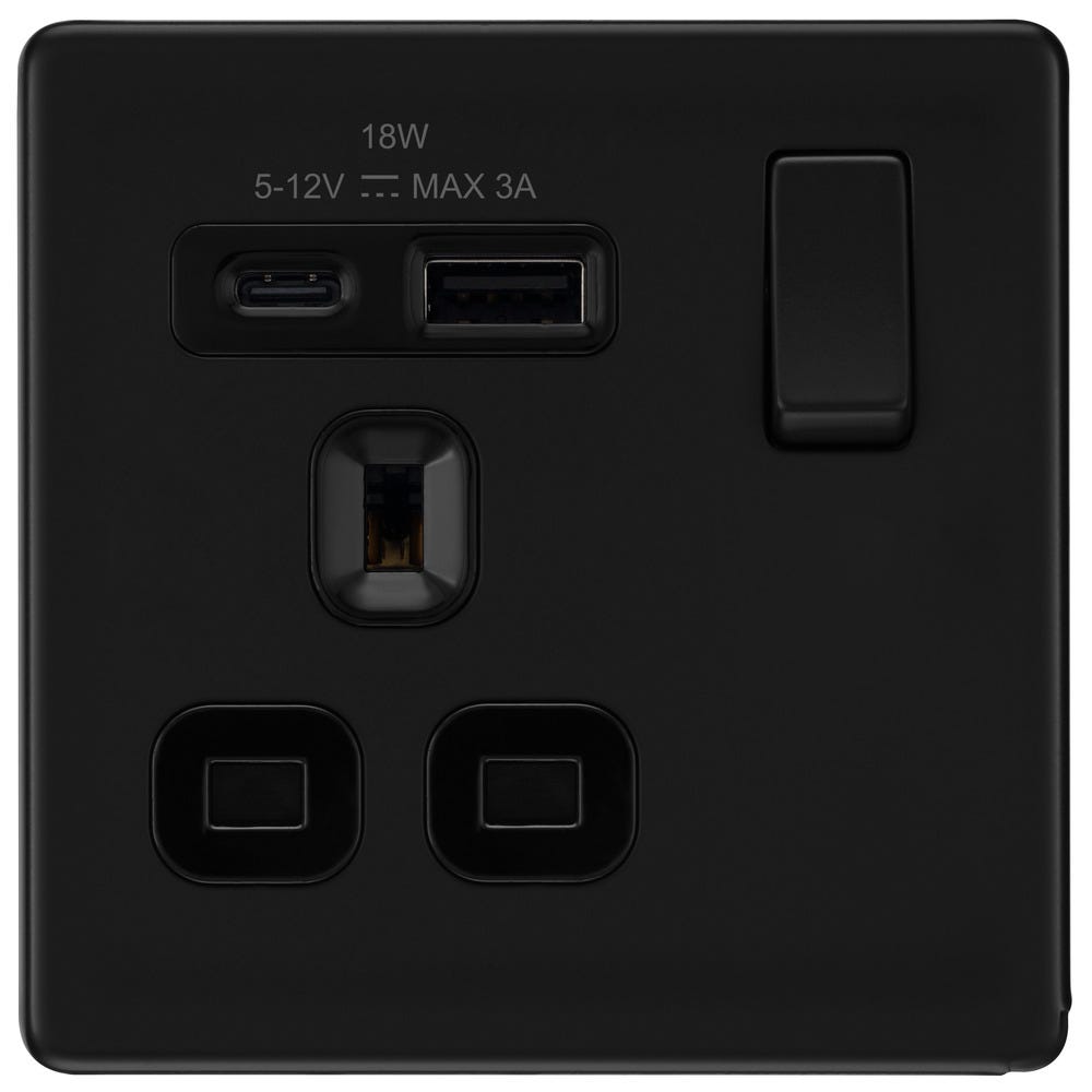 BG Screwless 13A 1 Gang 18W Switched Socket & USB-A+C Matt Black FFB21UAC18B-01