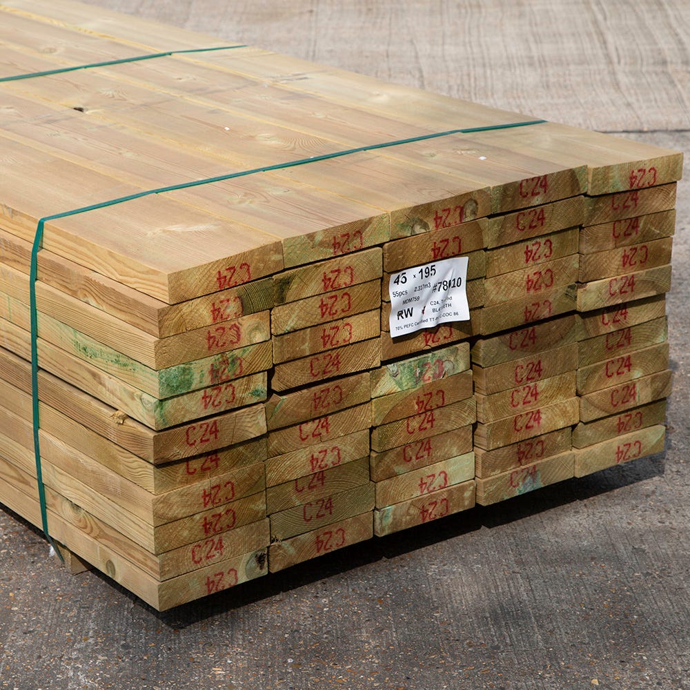 47mm x 200mm C24 Treated Timber 3600mm (8'' x 2'') Pack of 60