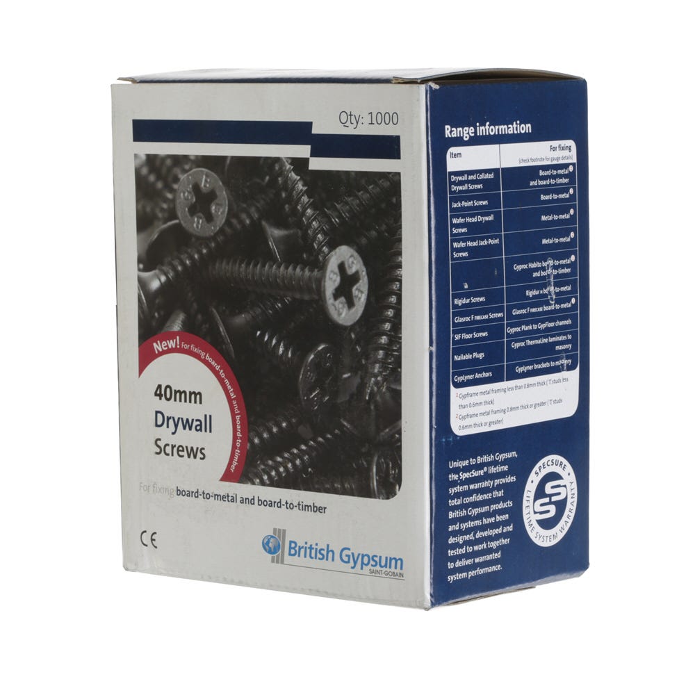 40mm British Gypsum Drywall Screws Black Phosphate Box Of 1000