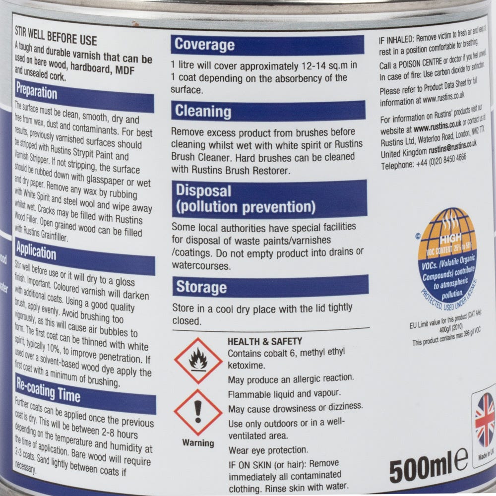 Rustins Polyurethane Varnish Satin Teak 500ml