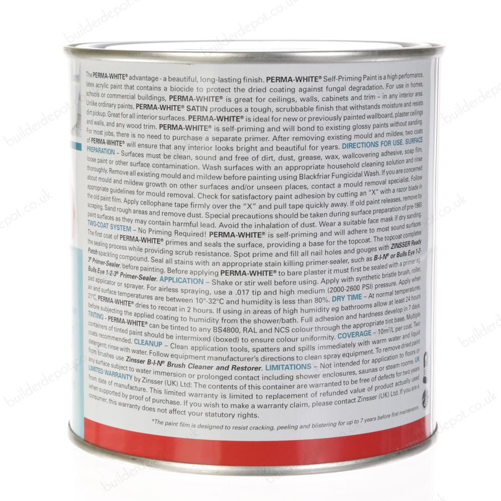 Zinsser PermaWhite Interior Mould and Mildew Proof Paint Satin White 1L