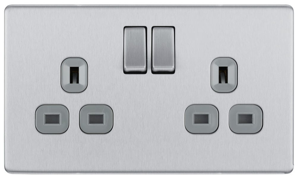 BG Screwless 13A 2 Gang DP Switched Socket Brushed Steel FBS22G
