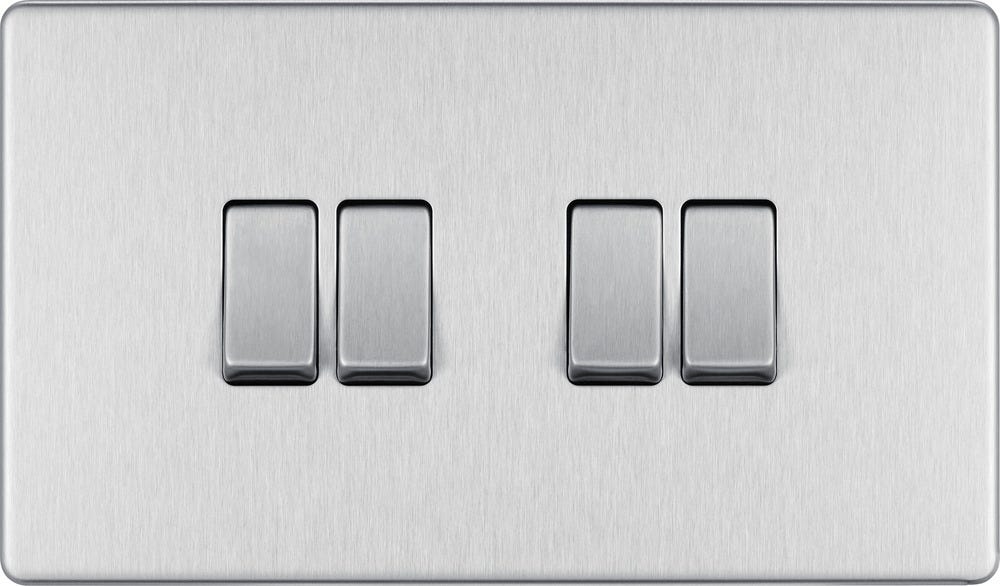 BG Screwless 20A 4 Gang 2 Way Light Switch Brushed Steel FBS44