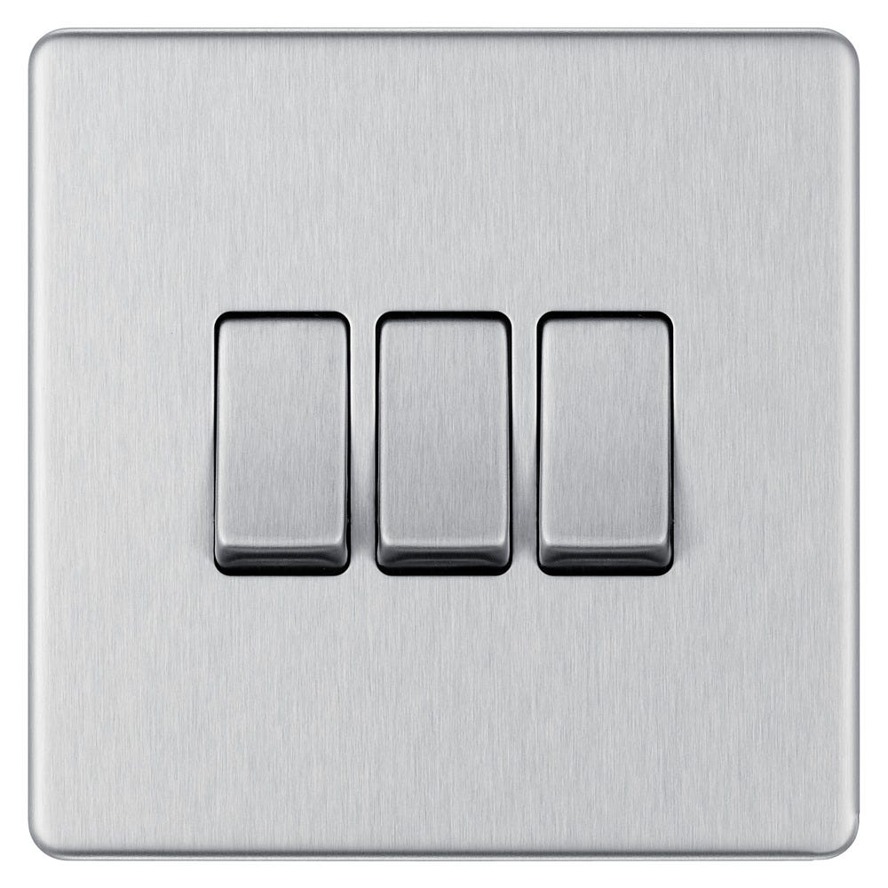 BG Screwless 20A 3 Gang 2 Way Light Switch Brushed Steel FBS43