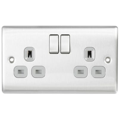 BG Nexus 13A 2 Gang Double Pole Socket Outlet Brushed Steel with Grey Insert NBS22G-01