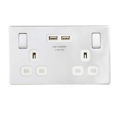 BG Nexus Screwless Flatplate 13A 2 Gang Single Pole Switched Socket With 2 X 2.1 USB Chargers Polished Chrome FPC22U3W-01