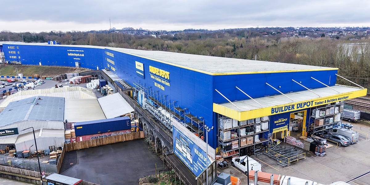 Aerial view of Builder Depot New Southgate branch in London, showing the flagship builders’ merchant warehouse and trade counter