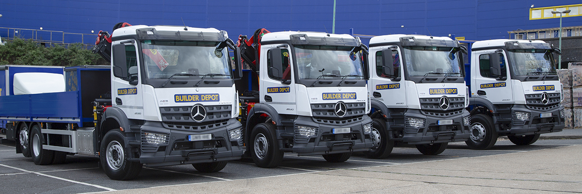 Builder Depot lorries providing nationwide delivery of building materials across the UK