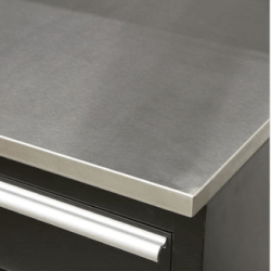 stainless steel worktop with black draws and chrome handles