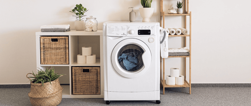 washing machine with wicker and cleaning products