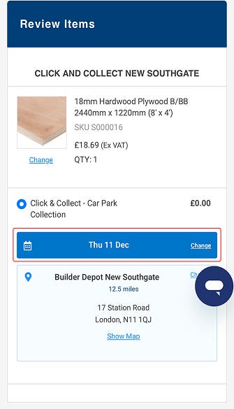 Checkout page showing collection slot selection