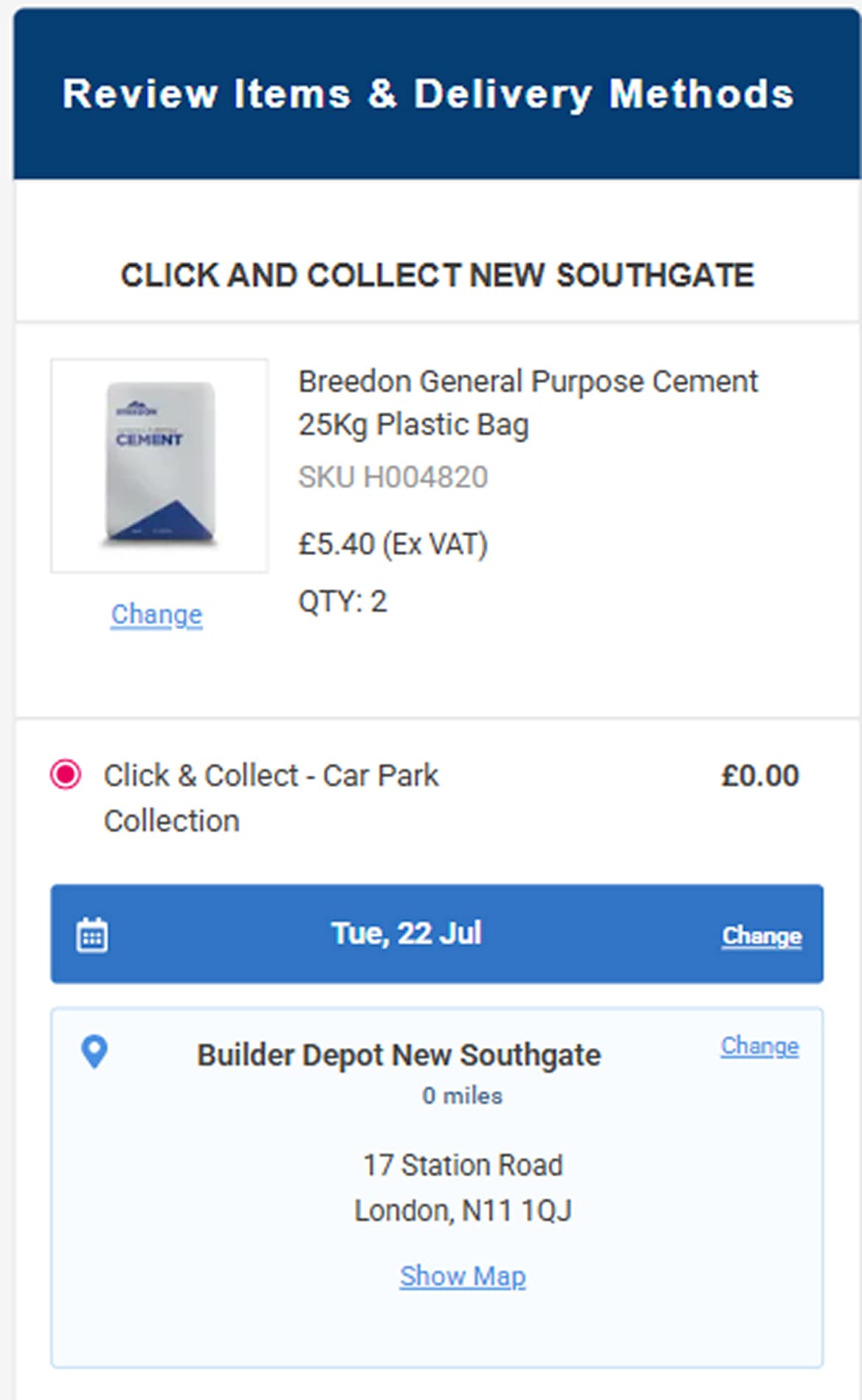 click and collect checkout page